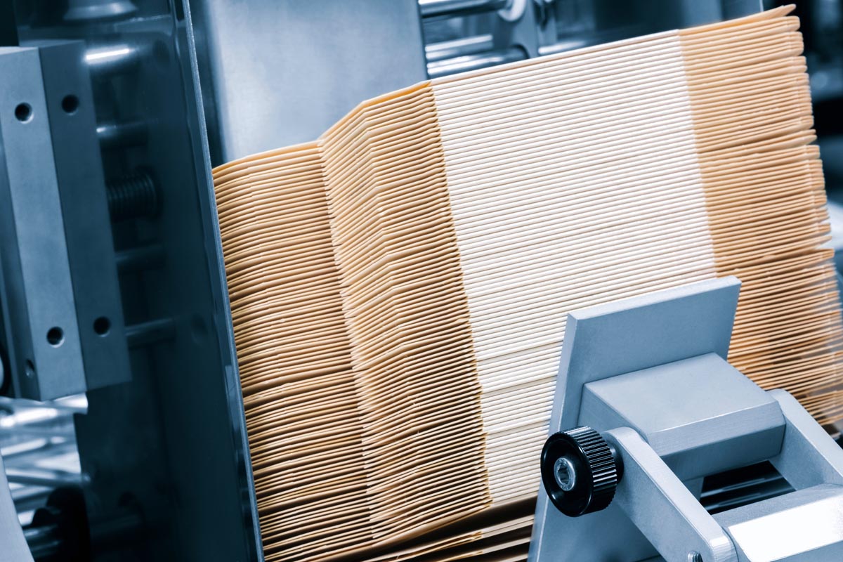 Elements of corton boxes are collected in stack. Conveyor line for the production of boxes. Machine cuts cardboard boxes from sheets of cardboard. Enterprise for the production package.
